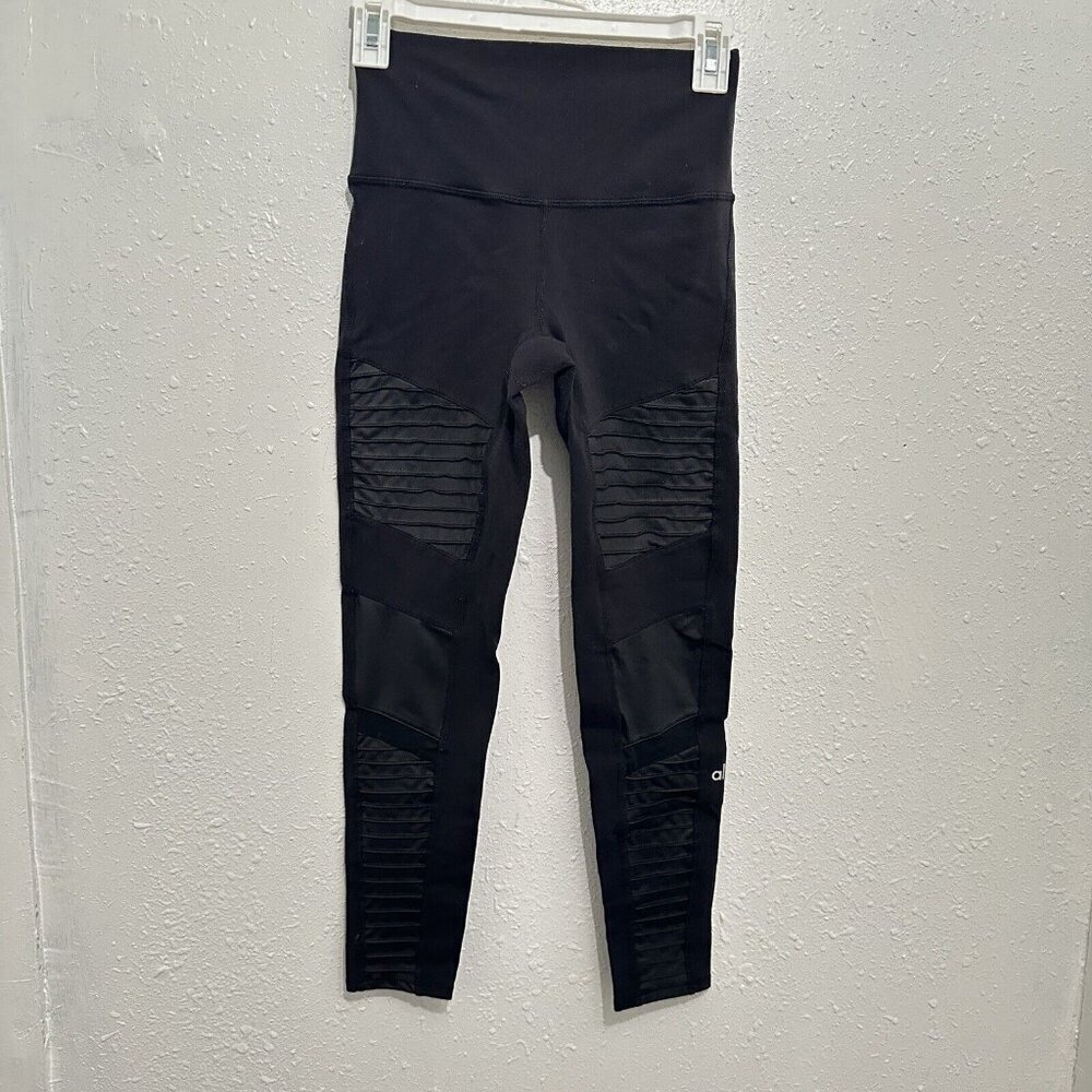Alo Yoga Women's Sz S Black High Waisted Moto Style Textured Leggings Active Gym